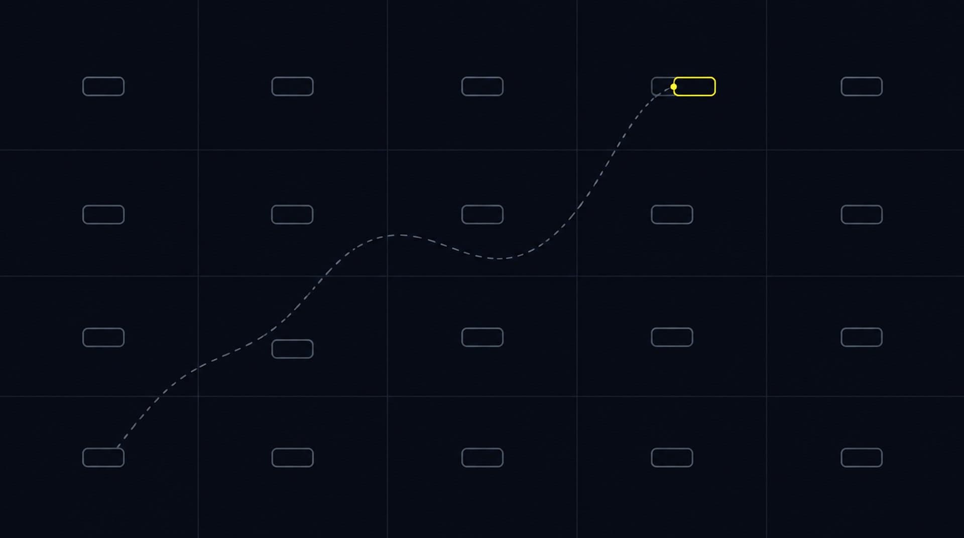 A grid of small grey outlined buttons on a dark background, a dashed path winds across the grid and ends at the one button outlined in yellow.