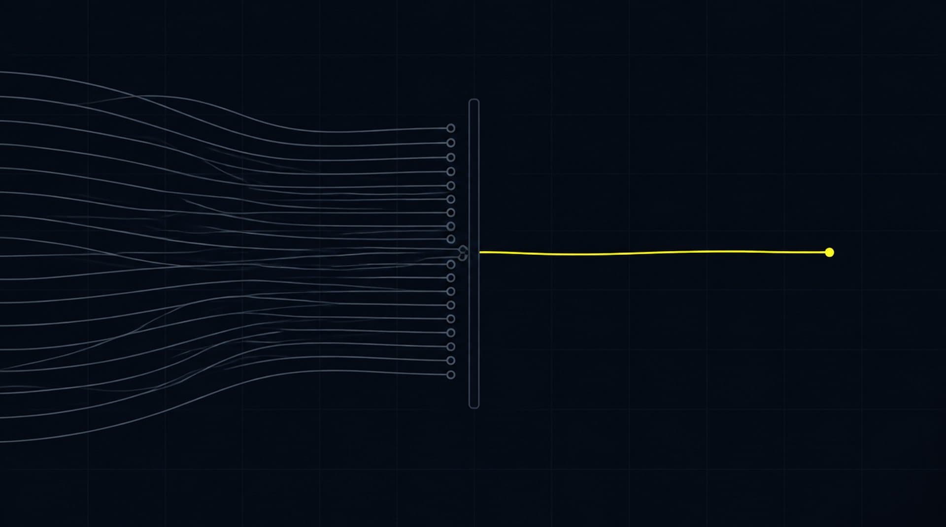 Many thin grey lines run into a narrow vertical gate and stop there, only one line passes through and continues as a bright yellow line.